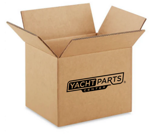 An open cardboard box with the Yacht Parts Center brand printed on one side